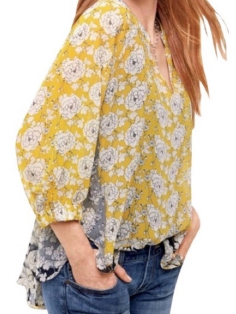 CAbi Yellow and Gray Floral V-Neck SheerBlouse